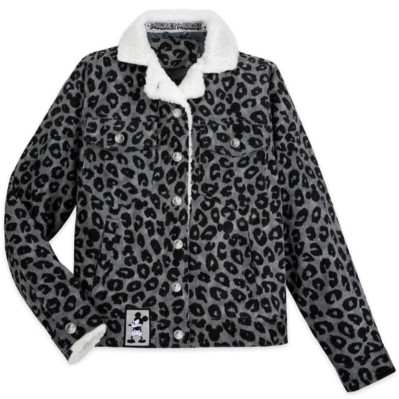 DISNEY Mickey Mouse leopard print grey black Sherpa shacket jacket crop coat S - Picture 4 of 17